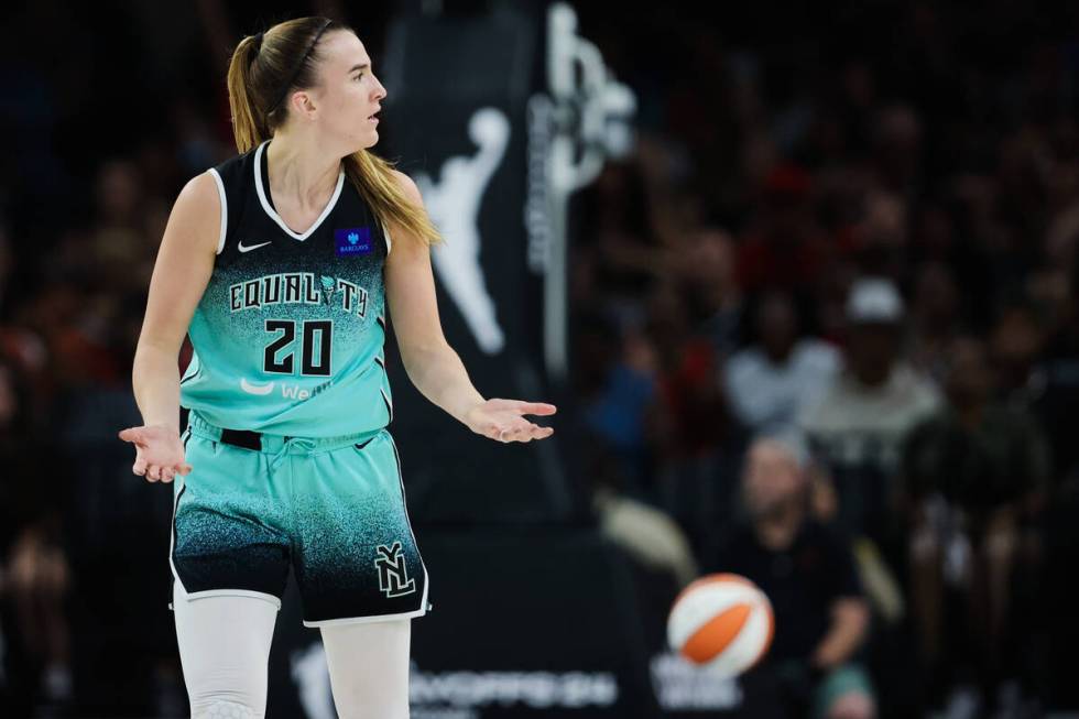 New York Liberty guard Sabrina Ionescu (20) reacts to a call by a referee during game three of ...