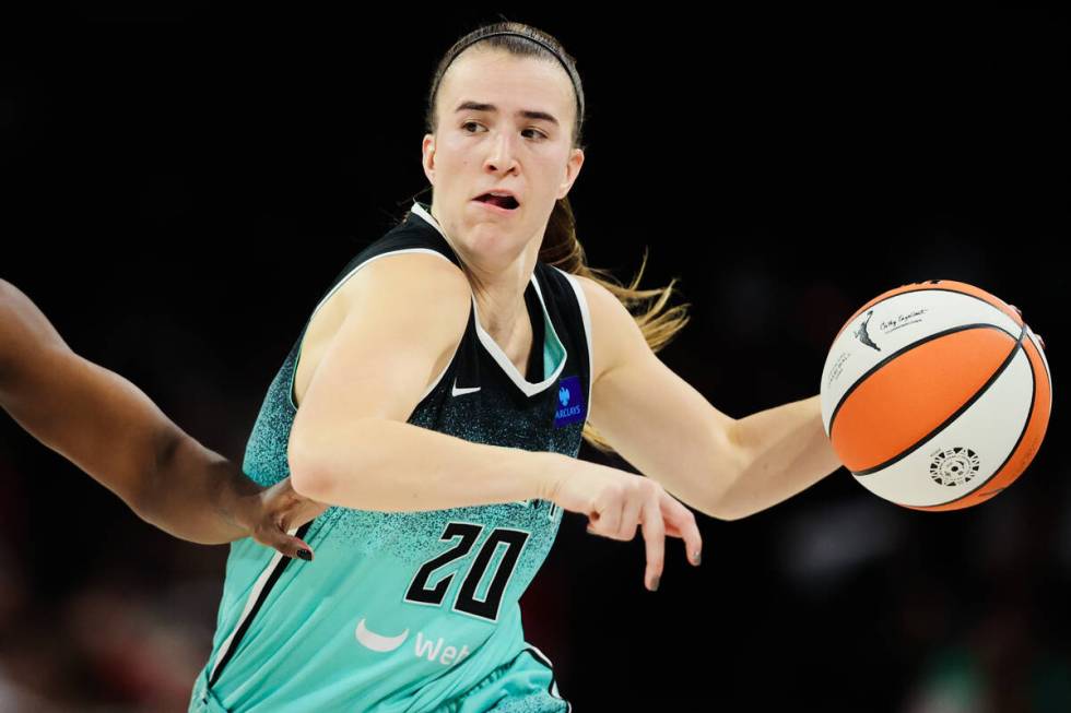 New York Liberty guard Sabrina Ionescu (20) drives the ball during game three of a WNBA semifin ...