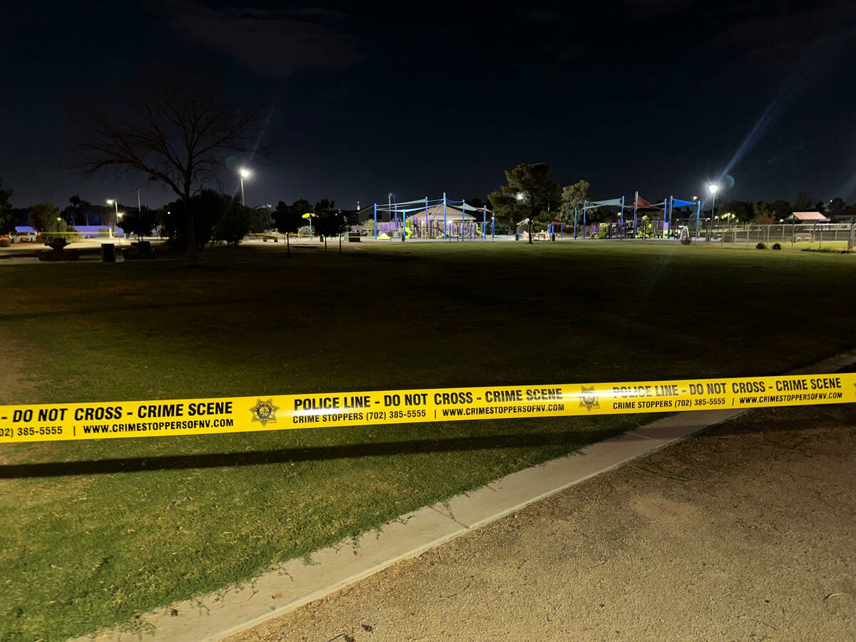 Crime scene tape is seen at Lewis Family Park in the east Las Vegas Valley, where the Metropoli ...