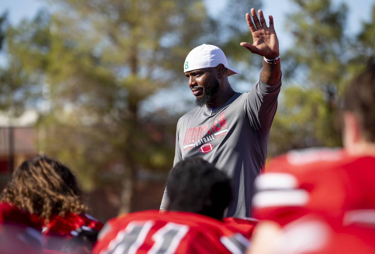 Arbor View Head Coach Marlon Barnett talks to the team after defeating Desert Pines at Arbor Vi ...