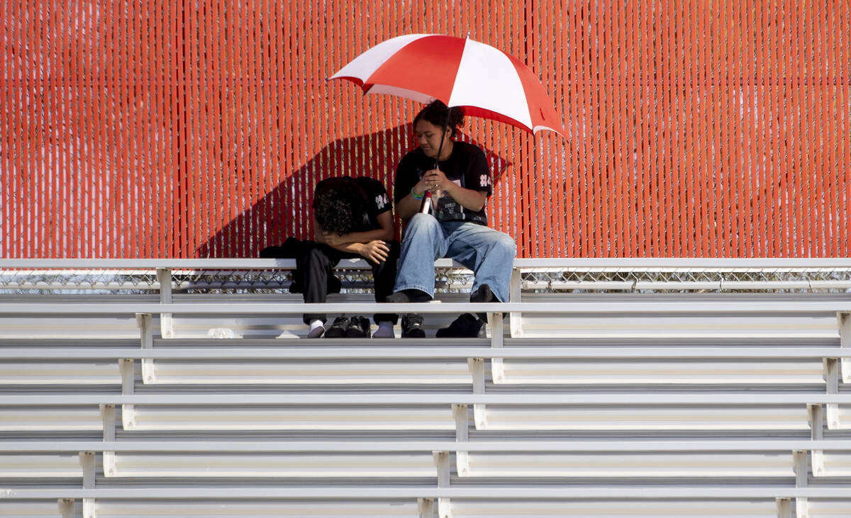 Fans try to keep cool while watching the high school football game between Desert Pines and Arb ...