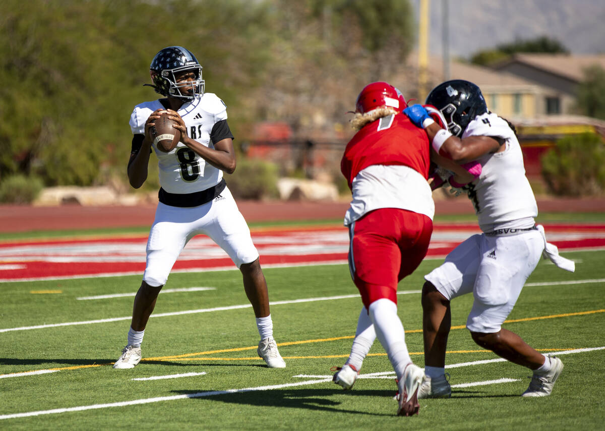 Desert Pines quarterback Zeyshawn Martin (8) looks to throw the ball during the high school foo ...