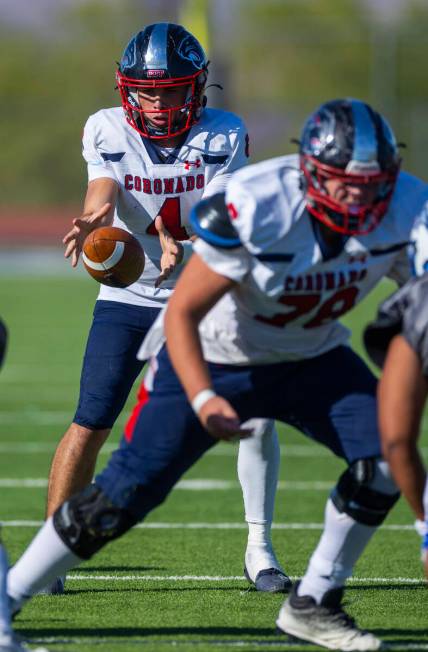 Coronado quarterback Jackson Humphries (4) takes another snap as they dominate Basic during the ...