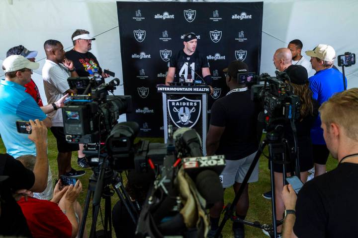 Raiders linebacker Robert Spillane (41) answers a question during a media interview on the seco ...