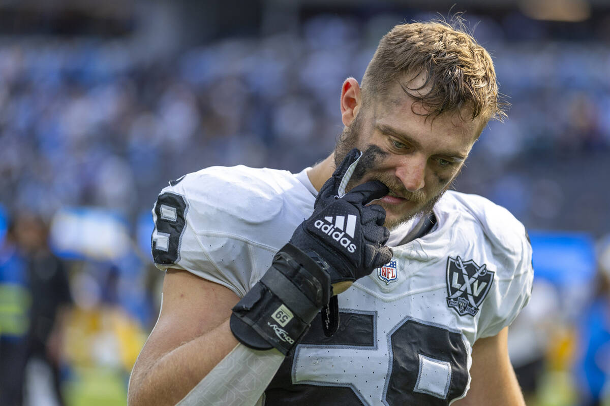 Raiders linebacker Luke Masterson (59) walks off the field following their NFL game at SoFi Sta ...