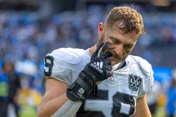 Raiders linebacker Luke Masterson (59) walks off the field following their NFL game at SoFi Sta ...