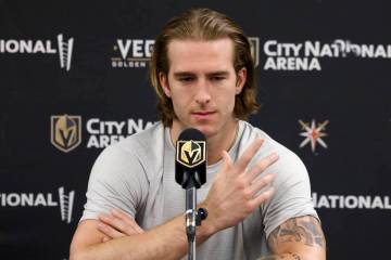 Golden Knights defenseman Noah Hanifin speaks during team's exit interviews at City National Ar ...