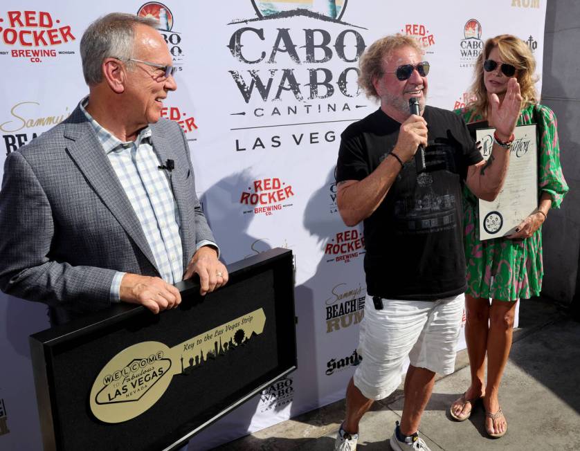 Clark County Commissioner Jim Gibson, left, gives Sammy Hagar a Key to the Las Vegas Strip as H ...