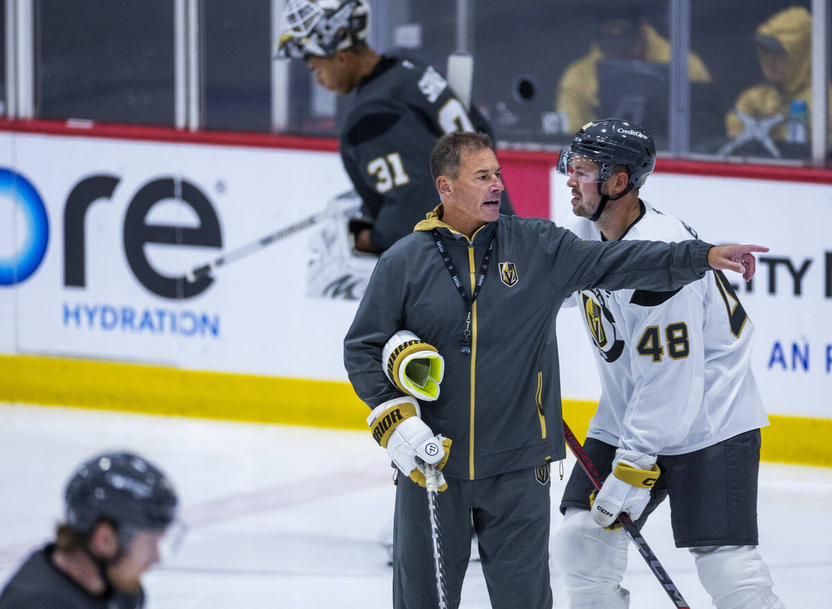 Golden Knights Head Coach Bruce Cassidy gives instructions to his players during training camp ...