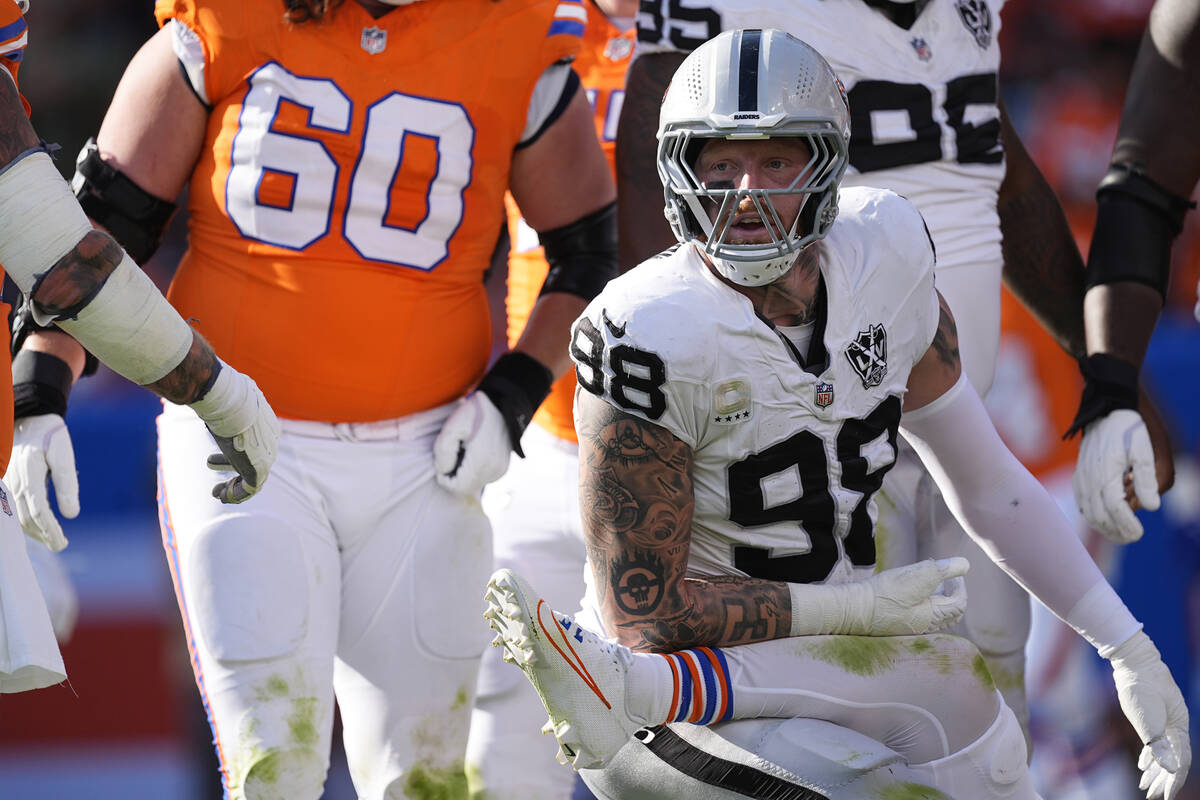 Las Vegas Raiders defensive end Maxx Crosby (98) plays during the second half of an NFL footbal ...