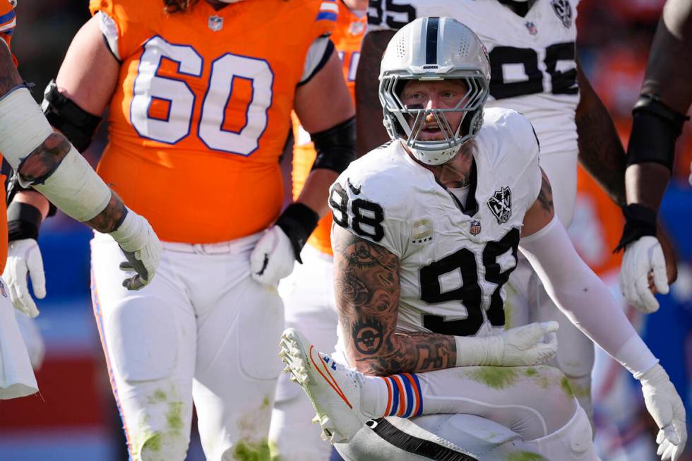 Las Vegas Raiders defensive end Maxx Crosby (98) plays during the second half of an NFL footbal ...