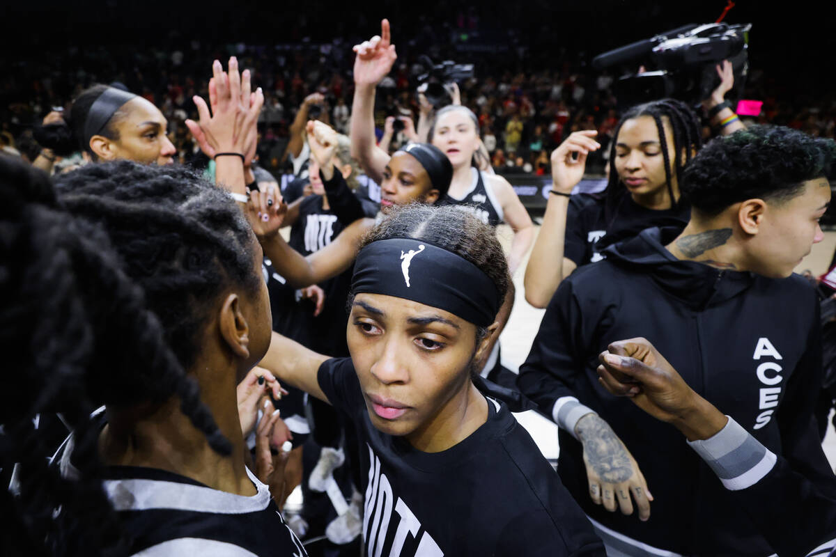 The Aces huddle one last time in the 2024 season following a 76-62 loss during game four of a W ...