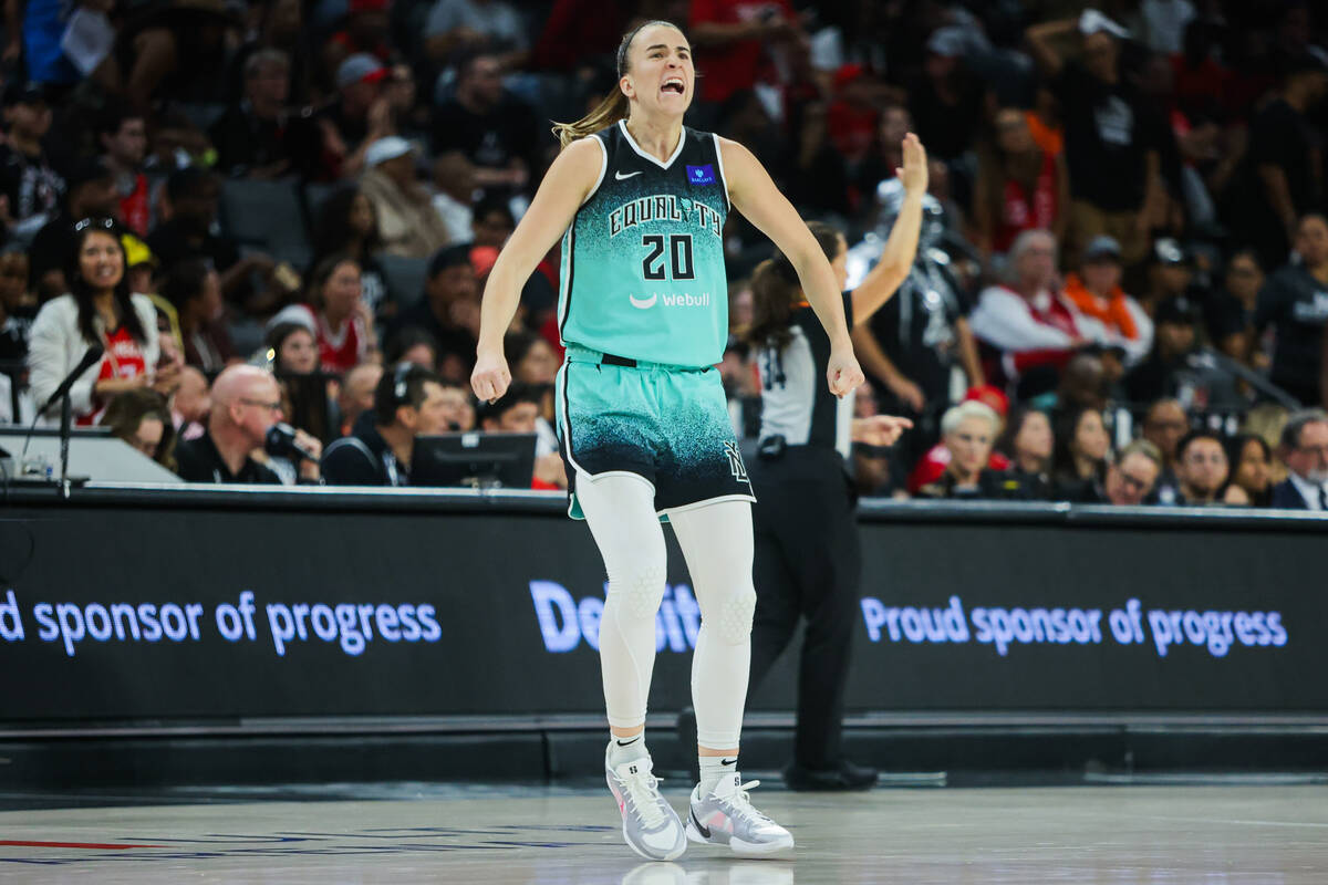 New York Liberty guard Sabrina Ionescu gets pumped up during game four of a WNBA semifinals pla ...