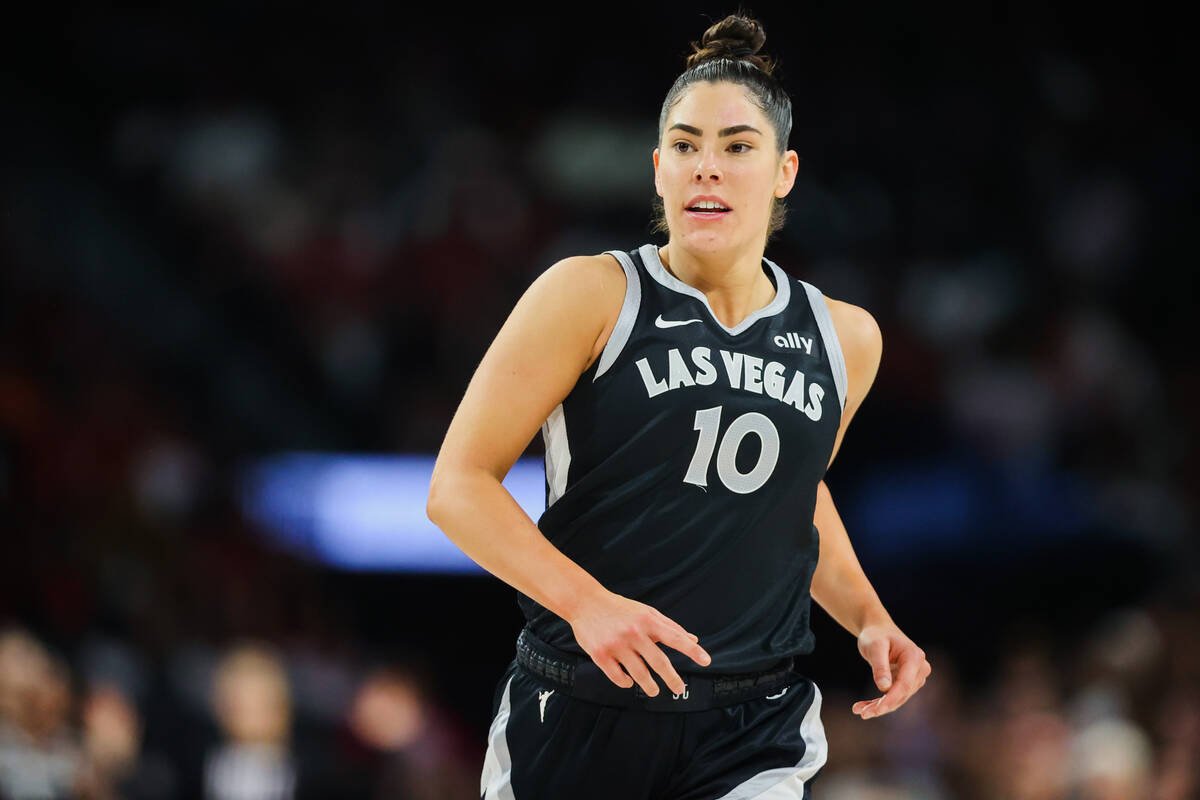 Aces guard Kelsey Plum (10) runs down the court during game four of a WNBA semifinals playoff s ...