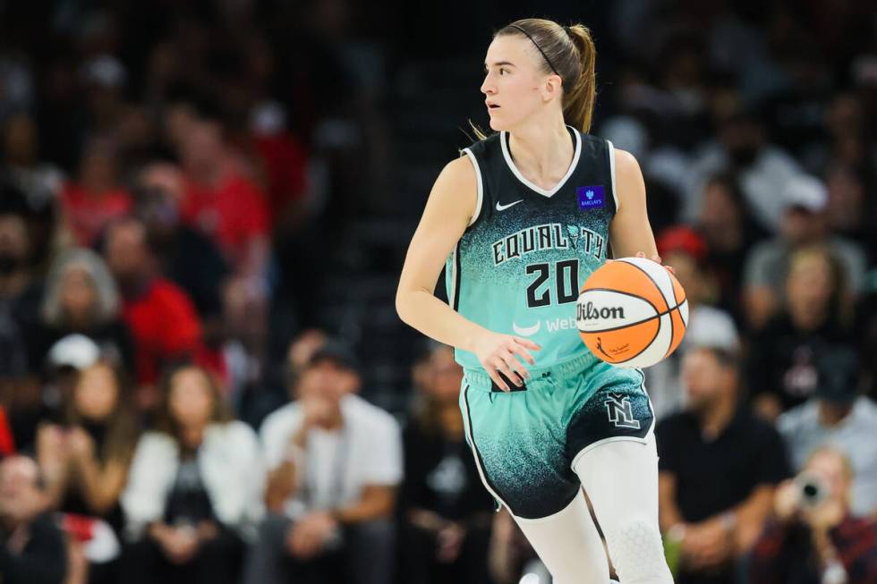 New York Liberty guard Sabrina Ionescu (20) dribbles the ball during game four of a WNBA semifi ...