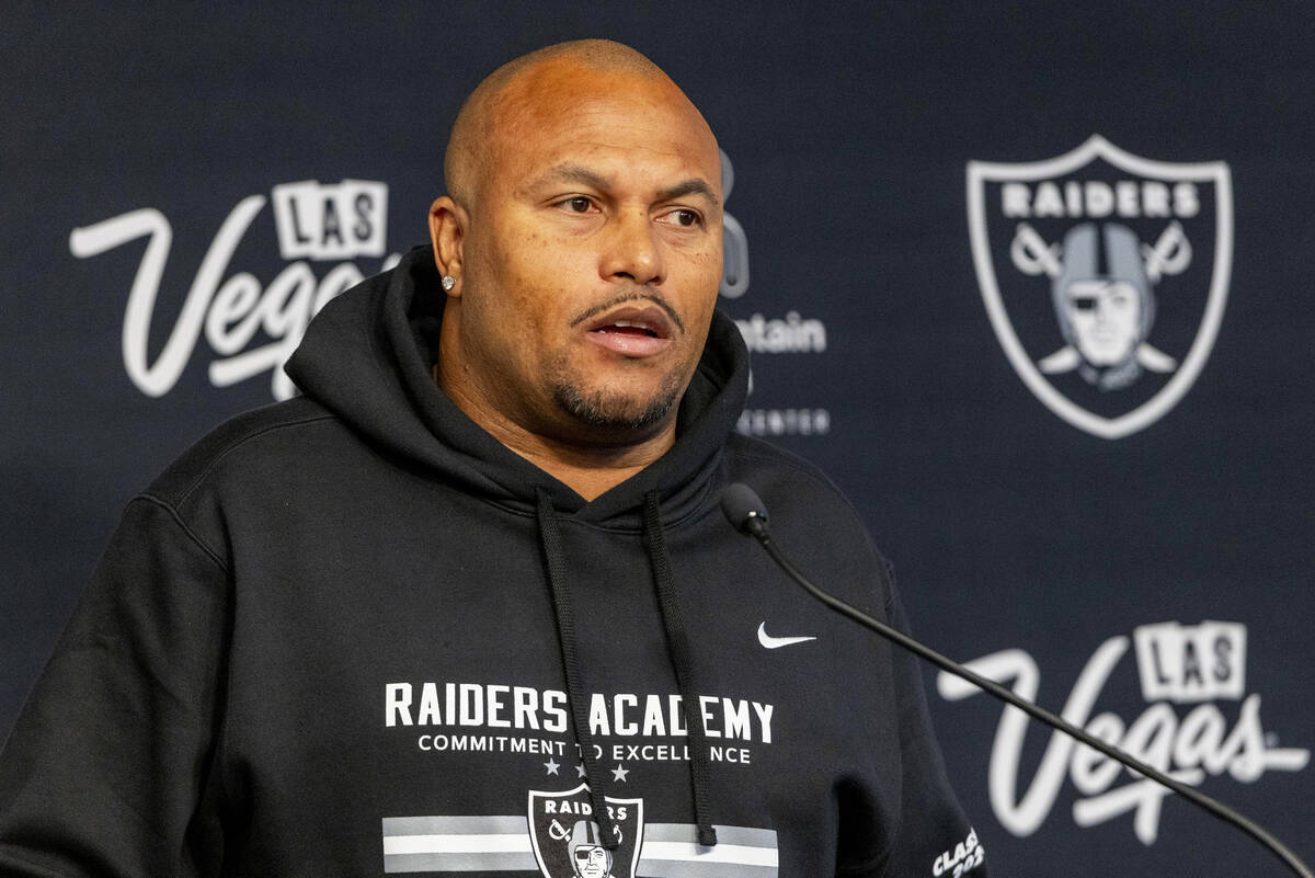 Raiders head coach Antonio Pierce addresses the media during a news conference at the Intermoun ...