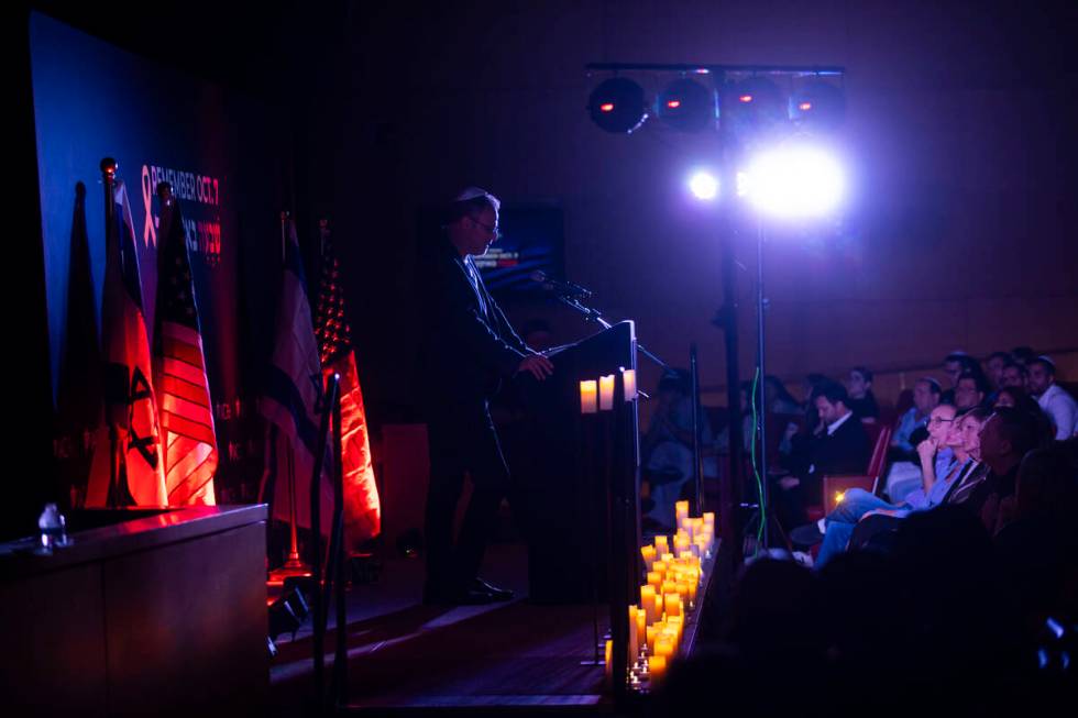 Eitan Gonen, whose daughter, Romi Gonen, was kidnapped by Hamas on Oct. 7, speaks during an eve ...