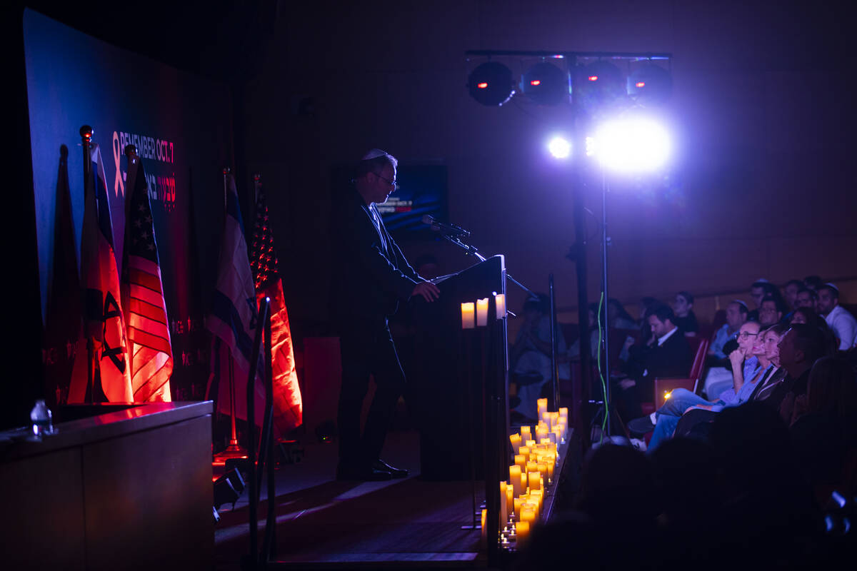 Eitan Gonen, whose daughter, Romi Gonen, was kidnapped by Hamas on Oct. 7, speaks during an eve ...