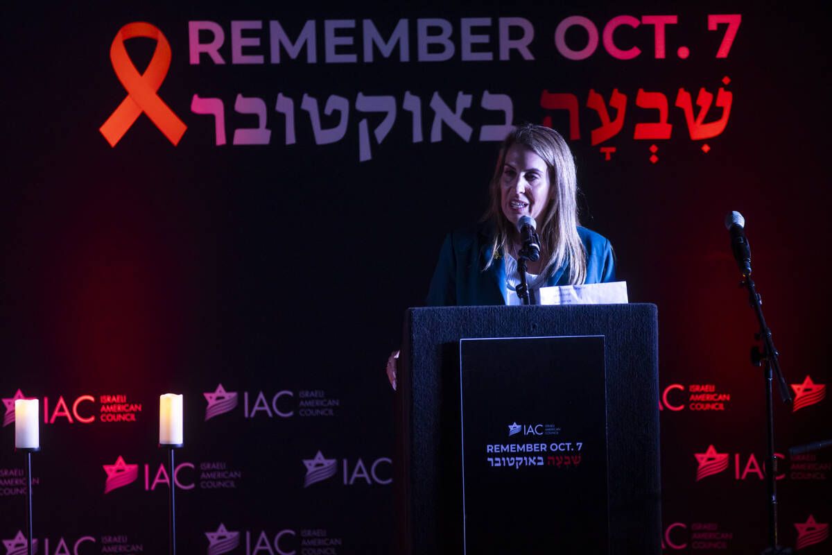 Ofra Etzion, regional director of the Israeli American Council, speaks during an event marking ...