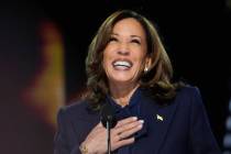 Democratic presidential nominee Vice President Kamala Harris speaks during the Democratic Natio ...