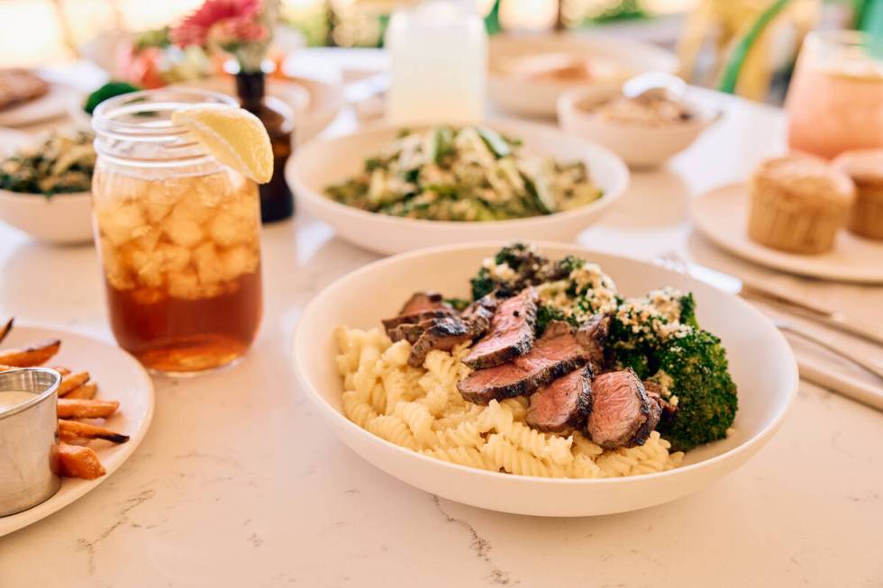 A build-your-own main course — steak, gluten-free mac and cheese, roasted broccoli — from F ...