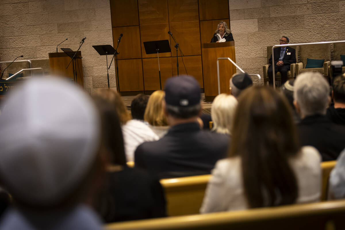 Rep. Dina Titus, D-Nev., speaks. during a ceremony at Midbar Kodesh Temple marking one year sin ...