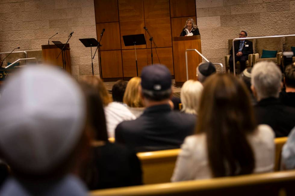 Rep. Dina Titus, D-Nev., speaks. during a ceremony at Midbar Kodesh Temple marking one year sin ...