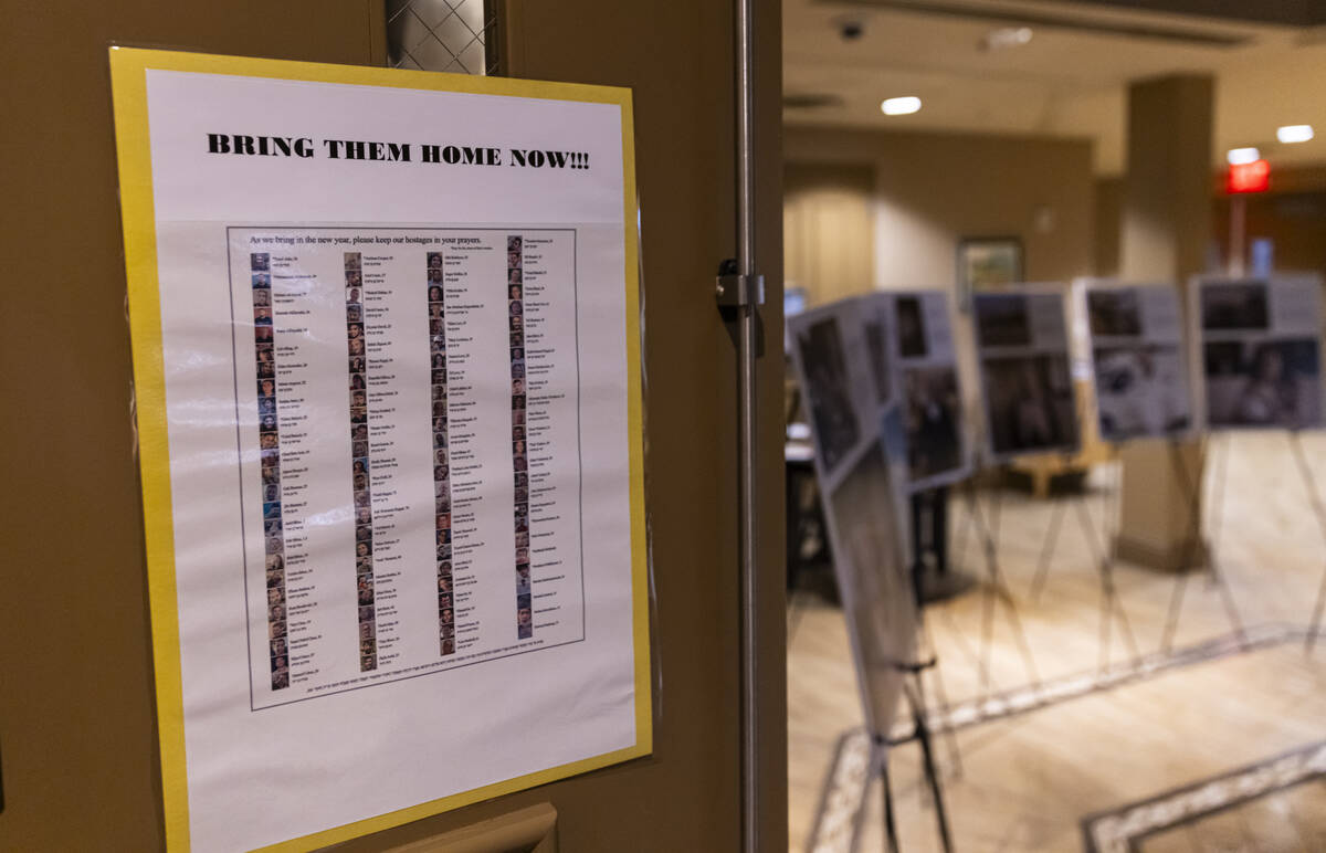 Names of hostages are listed before a ceremony at Midbar Kodesh Temple marking one year since t ...