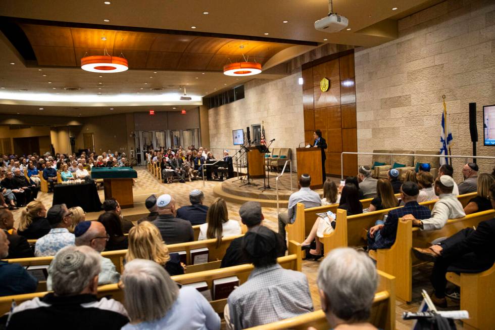 Sen. Jacky Rosen, D-Nev., speaks during an event at Midbar Kodesh Temple marking one year since ...