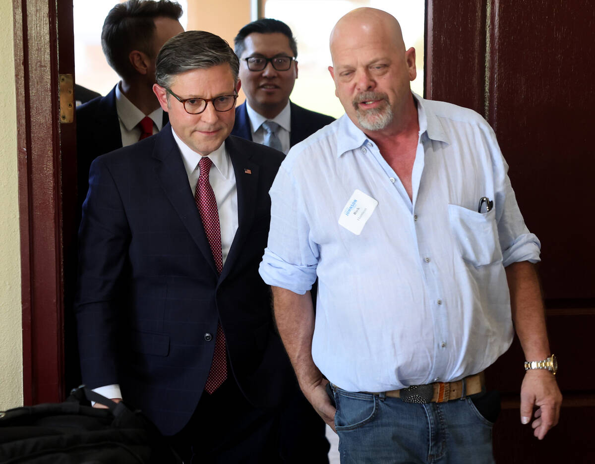 Speaker of the House Mike Johnson, R-La., left, mingles with “Pawn Stars” celebri ...