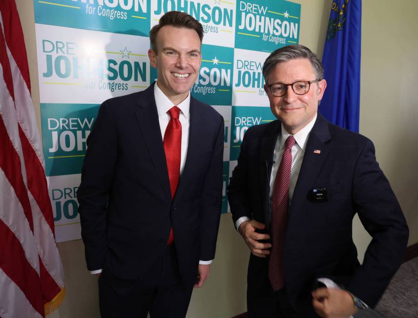 GOP congressional candidate Drew Johnson, left, and Speaker of the House Mike Johnson, R-La., t ...