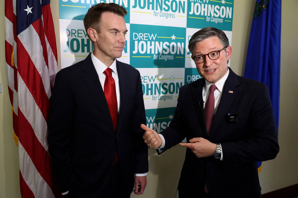 GOP congressional candidate Drew Johnson, left, and Speaker of the House Mike Johnson, R-La., t ...