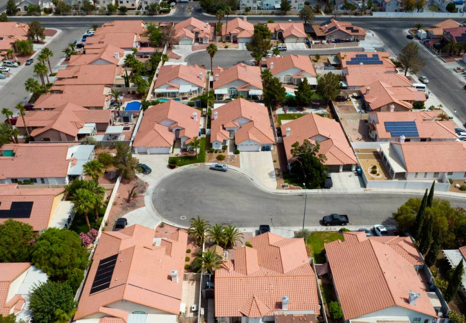 An aerial photo shows homes near Buffalo Drive, on Thursday, June 15, 2023, in Las Vegas. (Bizu ...