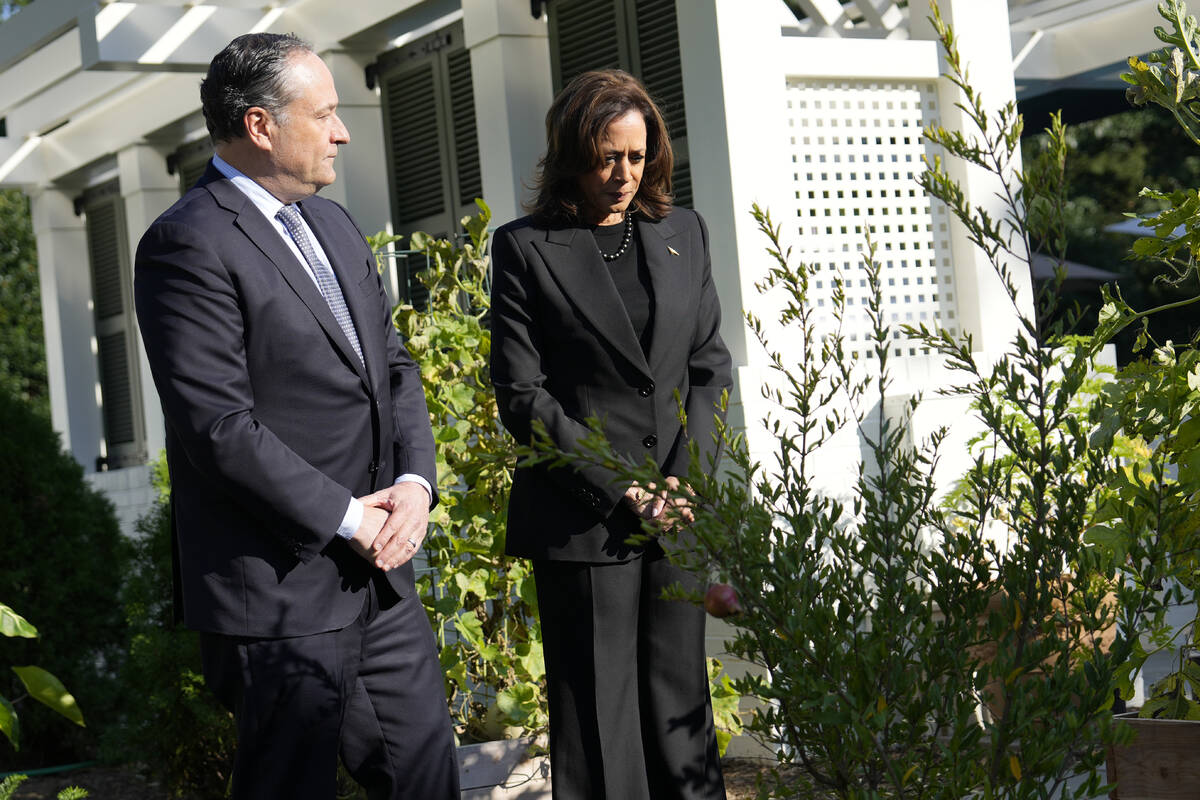 Democratic presidential nominee Vice President Kamala Harris, right, and second gentleman Doug ...