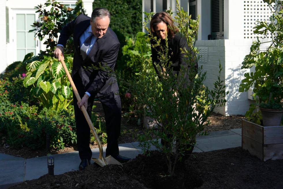 Democratic presidential nominee Vice President Kamala Harris, right, and second gentleman Doug ...