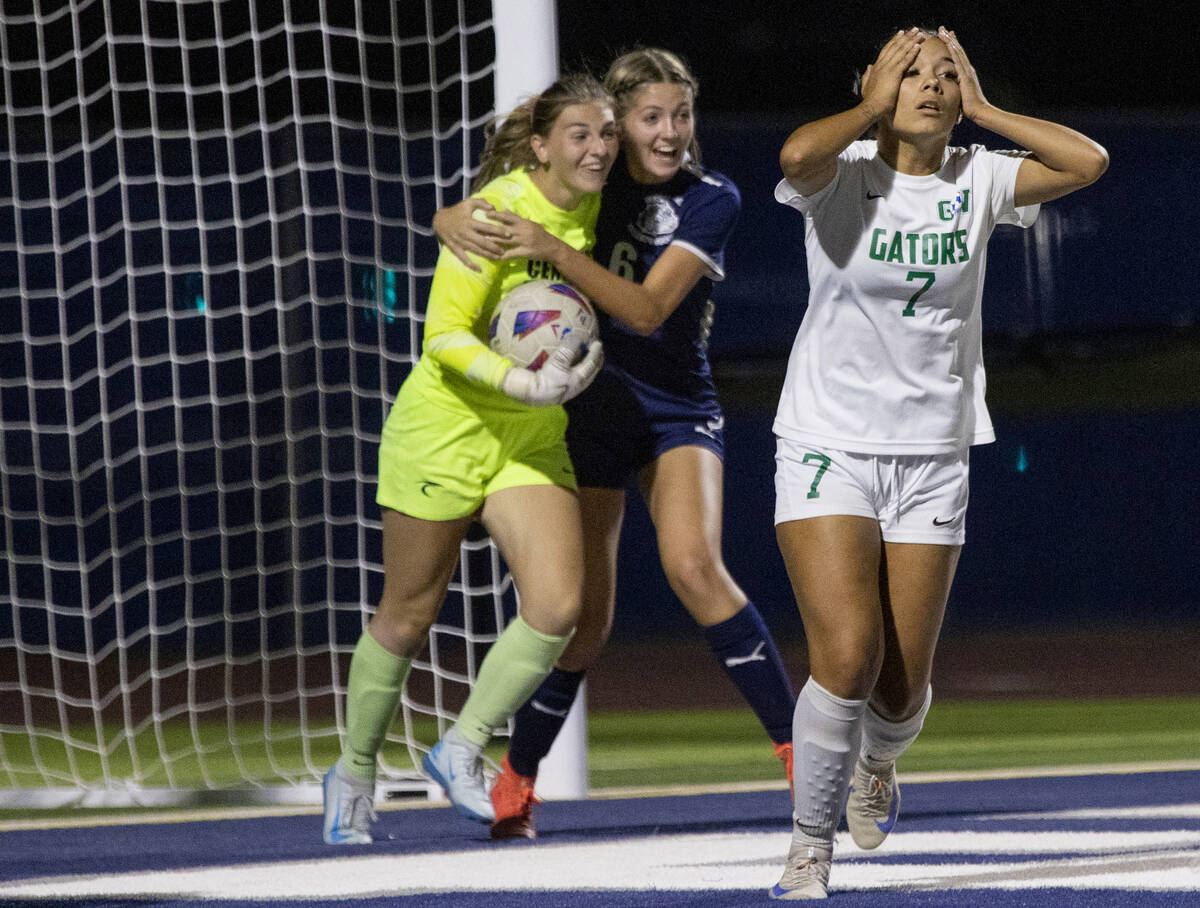 Green Valley senior Juliana Lopez (7) reacts after missing the goal during the high school socc ...