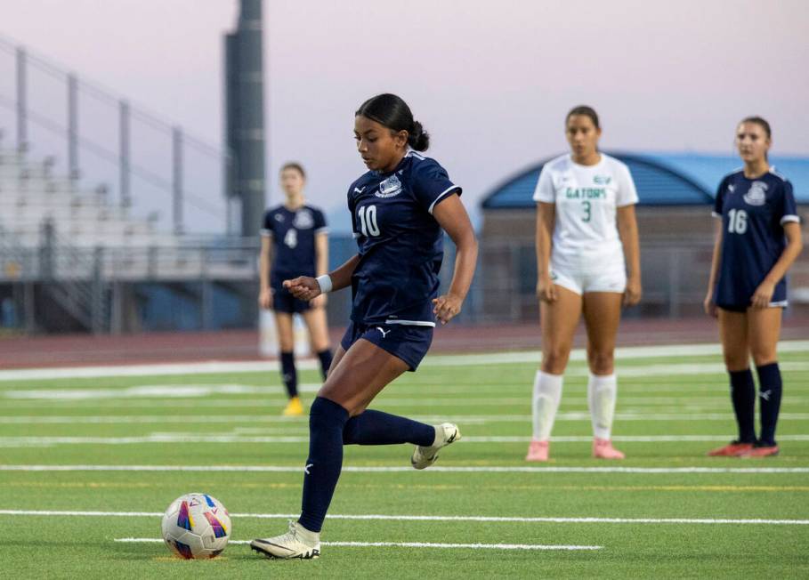 Centennial midfielder Alexandra Miranda (10) attempts a penalty kick, scoring Centennial’s fi ...