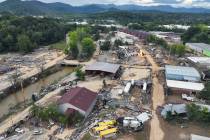 An aerial view of flood damage wrought by Hurricane Helene along the Swannanoa River on Oct. 3, ...