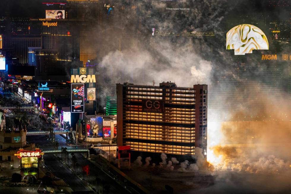 The Tropicana is imploded early in the morning while viewed from the Foundation Room at the Man ...