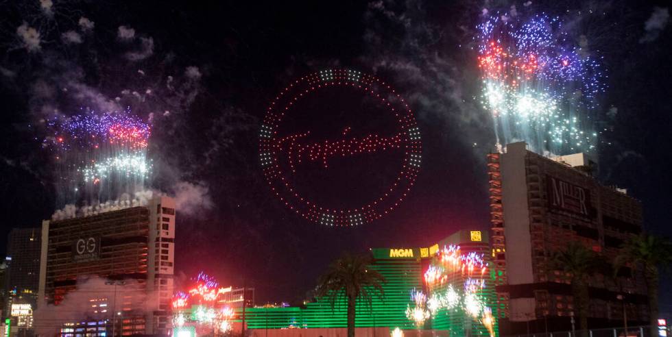 Drones and fireworks light up the sky before the Tropicana implosion, Wednesday, Oct. 9, 2024, ...