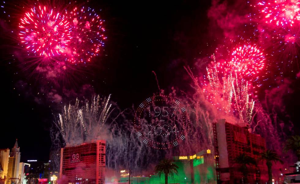 Drones and fireworks light up the sky before the Tropicana implosion, Wednesday, Oct. 9, 2024, ...