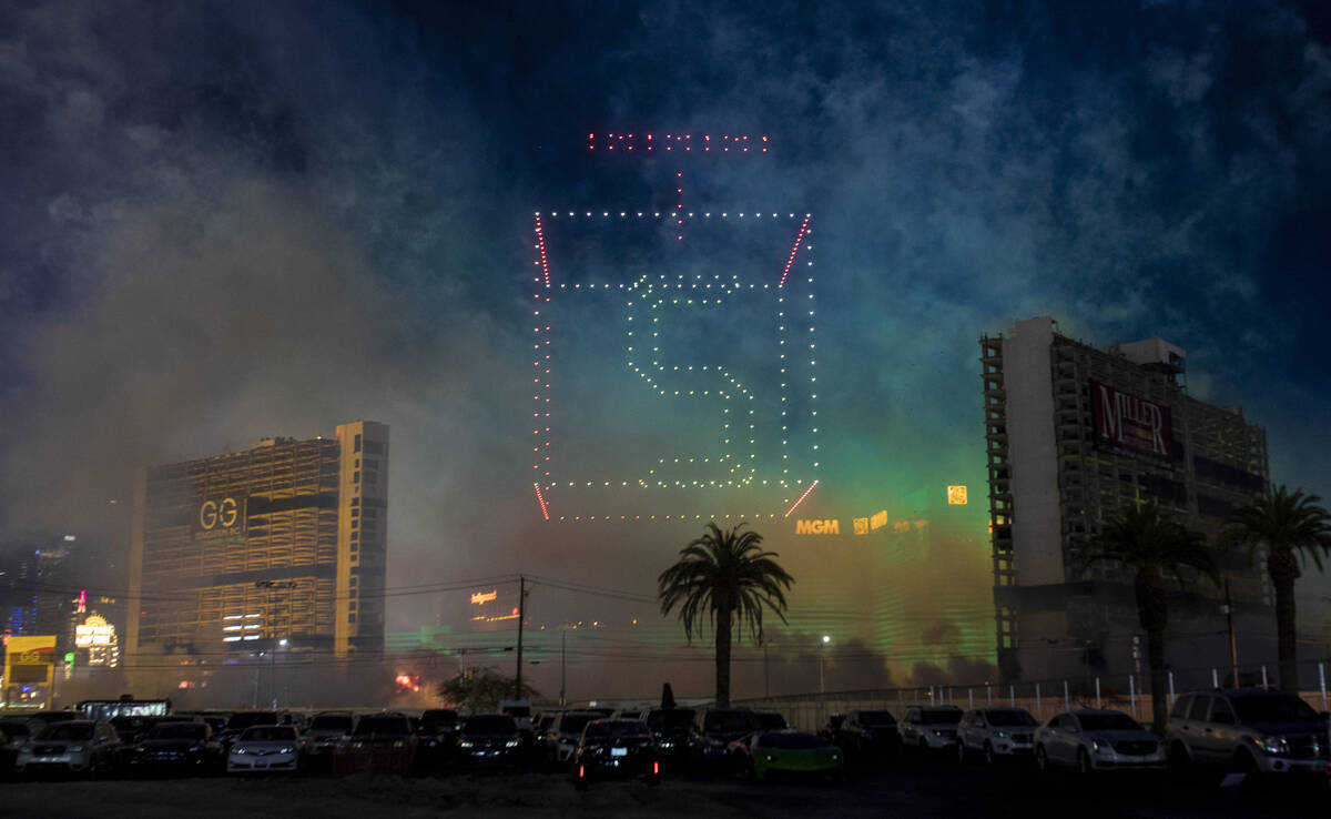 Drones count down the Tropicana implosion, Wednesday, Oct. 9, 2024, in Las Vegas. (Daniel Jacob ...