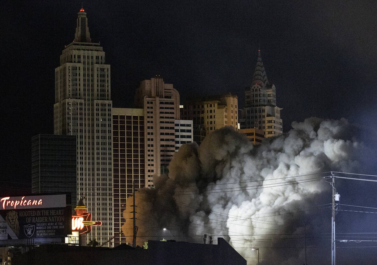 Dust from the Tropicana implosion fills the air, Wednesday, Oct. 9, 2024, in Las Vegas. (Daniel ...