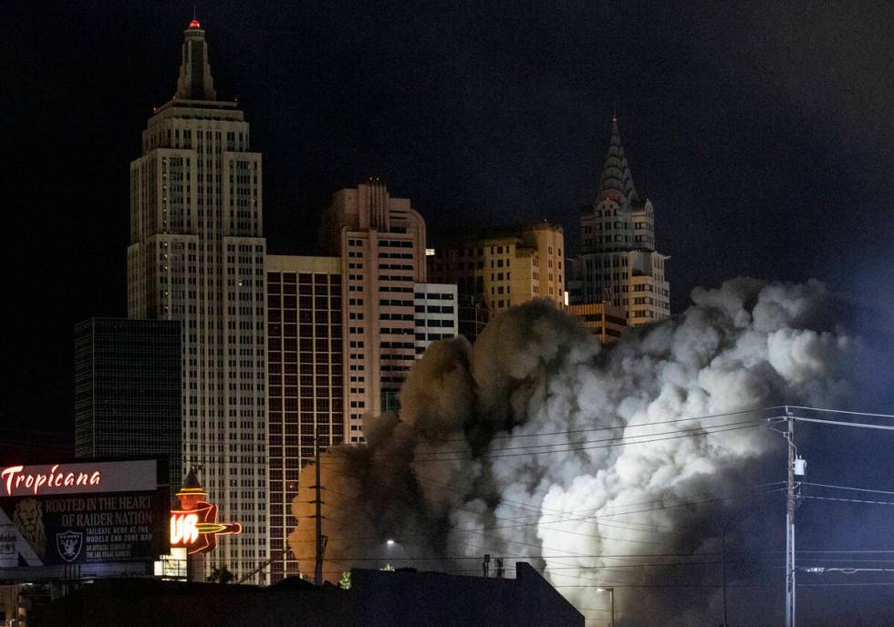 Dust from the Tropicana implosion fills the air, Wednesday, Oct. 9, 2024, in Las Vegas. (Daniel ...