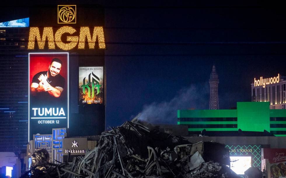 The debris from the Tropicana continues to smolder after the implosion, Wednesday, Oct. 9, 2024 ...