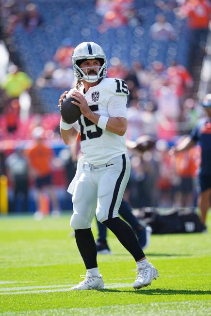 Las Vegas Raiders quarterback Gardner Minshew (15) throws the ball prior to the game against th ...