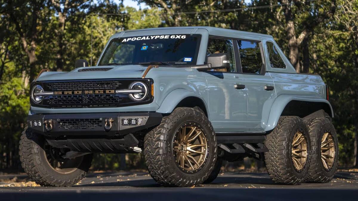 A 2022 Ford Bronco Dark Horse 6×6 SUV to be auctioned off at Mecum Las Vegas. One of four buil ...