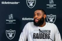 Raiders defensive tackle Christian Wilkins (94) answers a media question following practice at ...