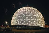 Drones light up above the Sphere on Thursday, July 4, 2024, in Las Vegas. (Madeline Carter/Las ...