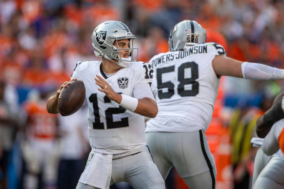 Raiders quarterback Aidan O'Connell (12) prepares to throw during the second half of an NFL gam ...